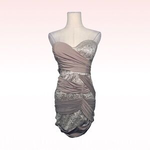 BEBE taupe wrap strapless mini bodycon dress (Sz XS)